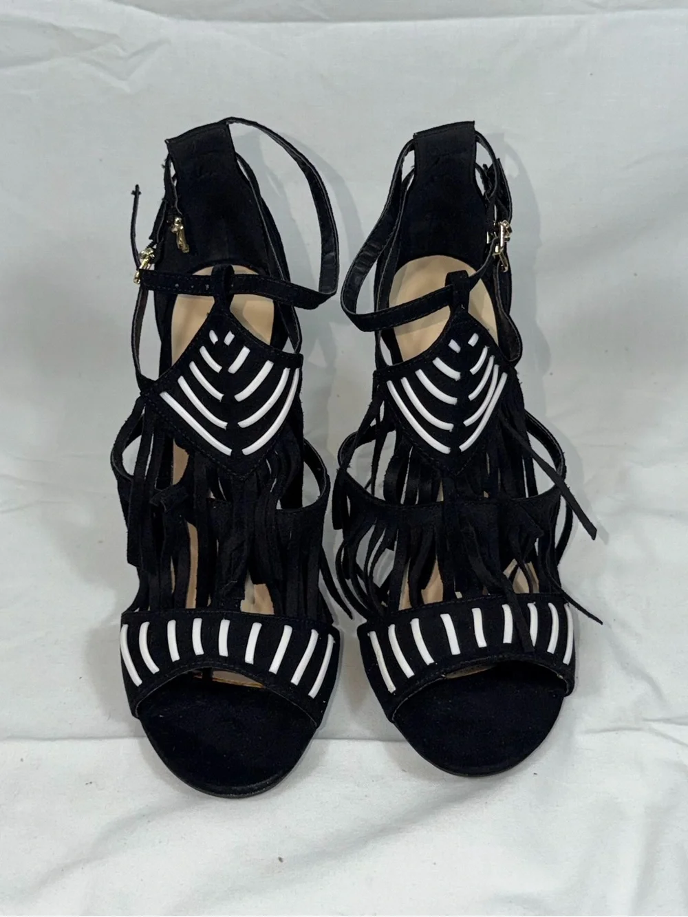 Wild Diva Lounge NWOT Black Fringe Heels Strappy Stiletto Caged Sandals Size 8